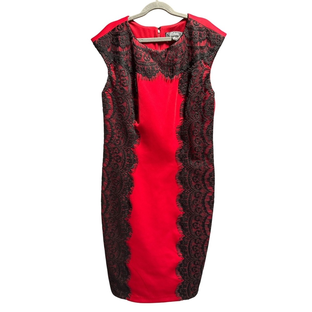 Dressbarn Collection Red Black Lace Bodycon Silhouette Midi Dress Women Size 6